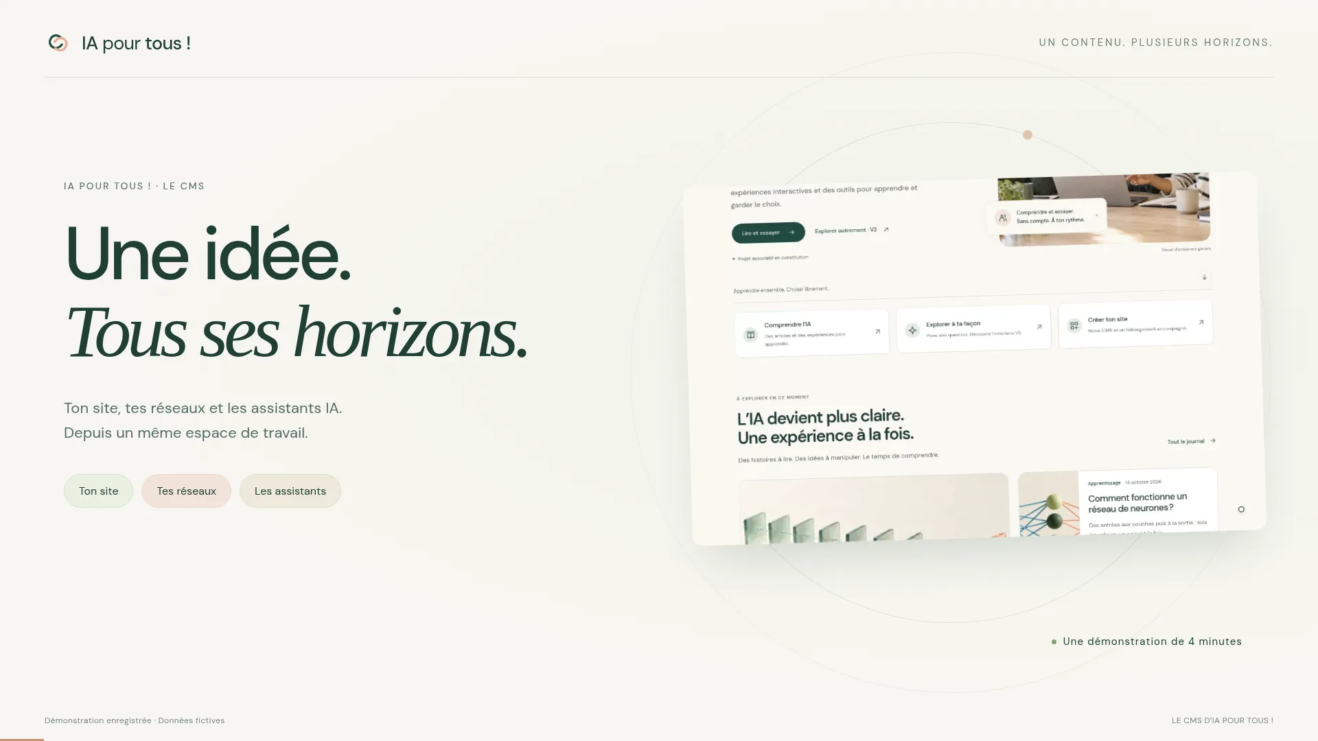 Un même contenu circule entre le site, les réseaux et les assistants IA.