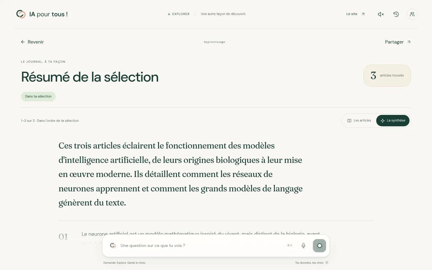 Explorer présente une synthèse des articles demandés avec ses sources et les liens pour poursuivre la lecture.
