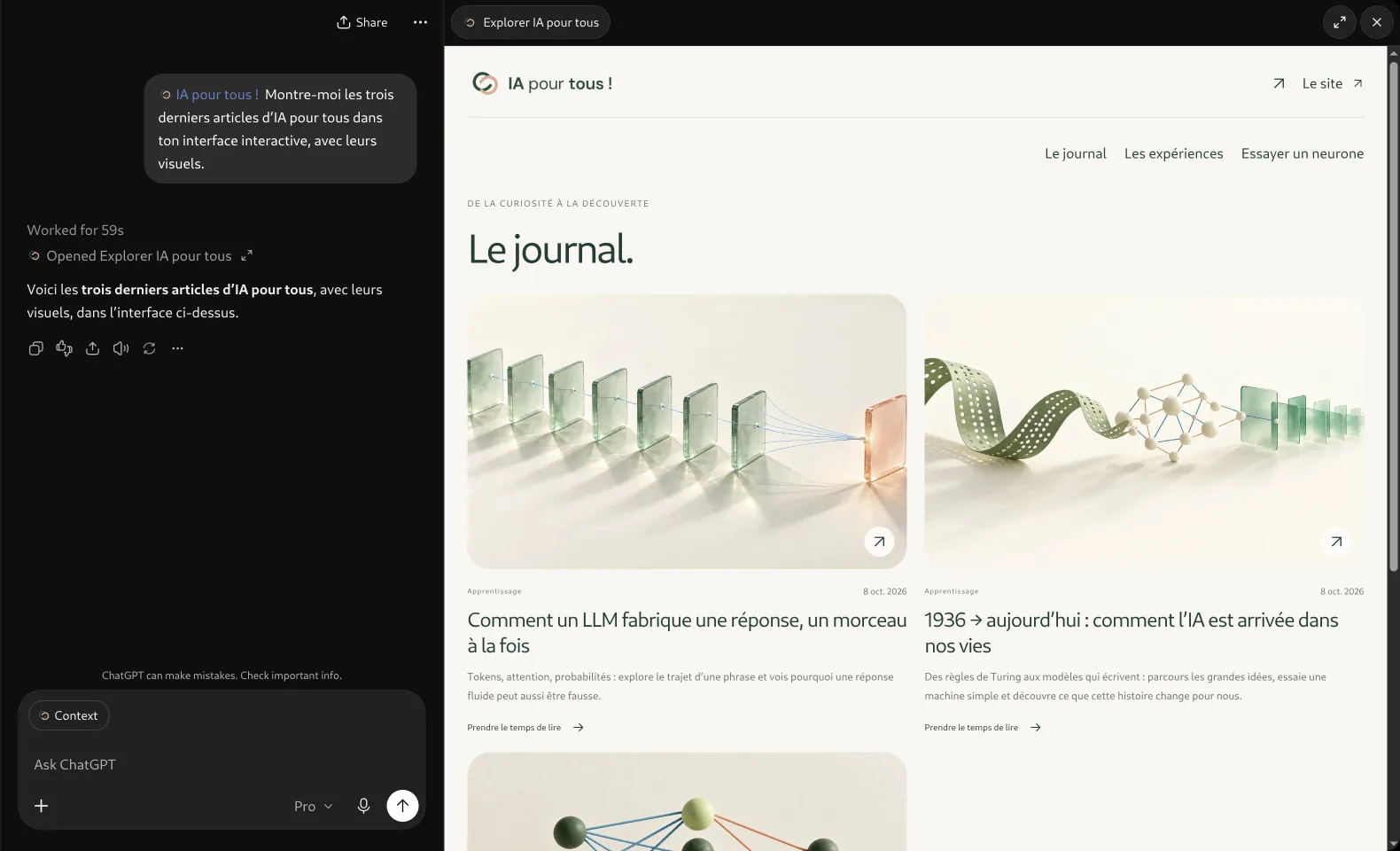 Dans ChatGPT, une interface MCP Apps présente les articles publiés d’IA pour tous à côté de la demande du lecteur.